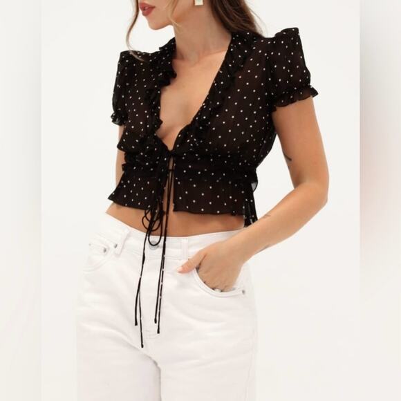 NEW Rumored Jukebox Top in Classic Dot Sheer Black White Women's Large $88 - Picture 1 of 12